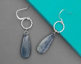 Sterling silver and kyanite earrings | Handmade twist textured circles and large teardrop blue gemstone crystal dangle earrings