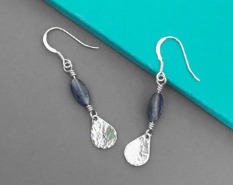 Sterling silver and kyanite earrings | Handmade hammer textured silver teardrops and oval blue gemstone dangle earrings