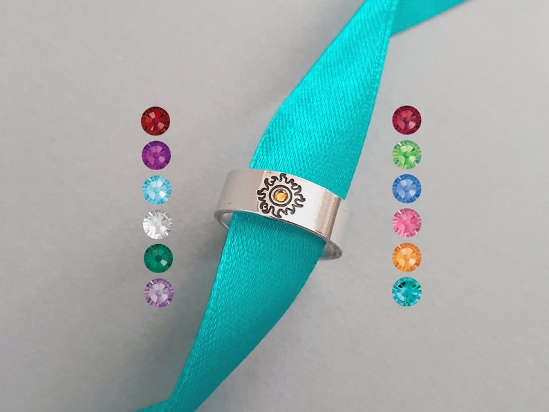 Birthstone Crystal Sun Ring | Adjustable aluminium, sterling silver or gold plated open band thumb ring | Unisex eco friendly jewelry gifts 