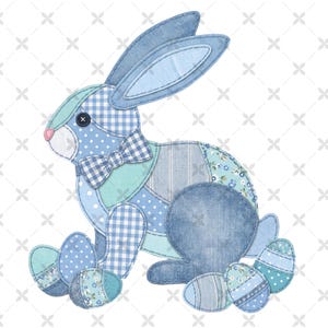 May include: A blue patchwork bunny with a bow tie and Easter eggs. The bunny is made of various blue fabrics, including polka dots, gingham, and floral patterns. The image includes the text "INSTANT DOWNLOAD PNG DIGITAL FILE".
