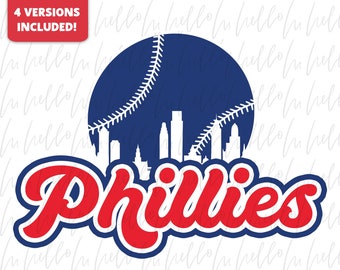May include: A red and blue baseball-themed graphic with the word "Phillies" in a red, white, and blue font. The graphic features a baseball with a skyline of buildings behind it.