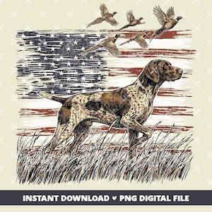 Op de afbeelding: Een digitale illustratie toont een jachthond voor een Amerikaanse vlag met vliegende fazanten. De hond is bruin en wit, tegen een rood-wit-blauwe vlag. De afbeelding bevat de tekst "INSTANT DOWNLOAD PNG DIGITAL FILE".