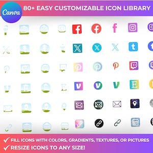 Paquete de iconos, iconos editables de Canva, iconos de redes sociales, iconos de negocios, paquete de iconos personalizables, iconos de blogs, iconos de tarjetas de presentación