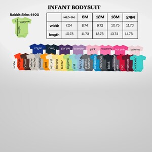 May include: Infant bodysuits in various colors, including white, orange, and navy. The image displays a size chart with measurements in inches for width and length, ranging from newborn to 24 months. The text "Rabbit Skins 4400" is also visible.