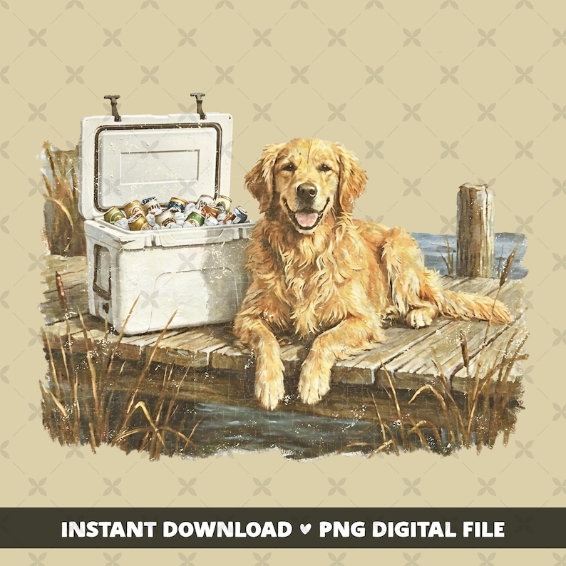 May include: A golden retriever dog lies on a wooden dock next to a white cooler filled with cans. The dog is smiling with its tongue out. The image has a watercolor style and includes the text "INSTANT DOWNLOAD PNG DIGITAL FILE".