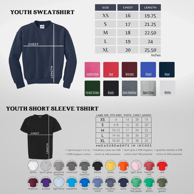 May include: A navy blue youth sweatshirt and a black youth short sleeve t-shirt are displayed, with size charts and color options. The size chart provides chest and length measurements in inches. Various colors are shown.