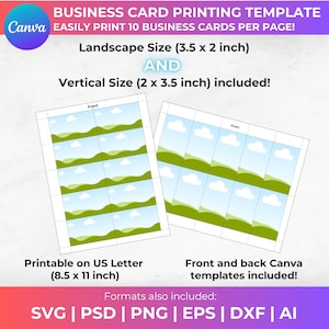May include: Printable business card template with a landscape design featuring green hills and white clouds. The template is designed to print 10 cards per page on standard US letter size paper (8.5 x 11 inches). The template is also available in SVG, PSD, PNG, EPS, DXF, and AI formats.