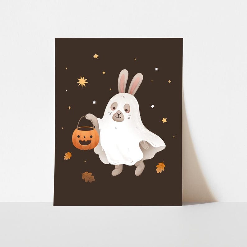 Halloween Rabbit Ghost Bunny Ghost Poster | Cute Halloween Nursery Decor | Autumn Illustration ...