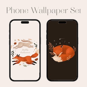 Könnte beinhalten: Zwei Smartphones mit herbstlichen Hintergrundbildern. Eines zeigt einen laufenden Fuchs und Hasen mit dem Text "Hello Autumn". Das andere zeigt einen schlafenden Fuchs. Der Text "Phone Wallpaper Set" steht oben.