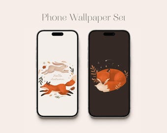 May include: Two smartphones displaying digital wallpaper designs. The left screen features a light background with a running rabbit, a running fox, autumn leaves, and the text Hello Autumn. The right screen has a dark background with a sleeping fox.