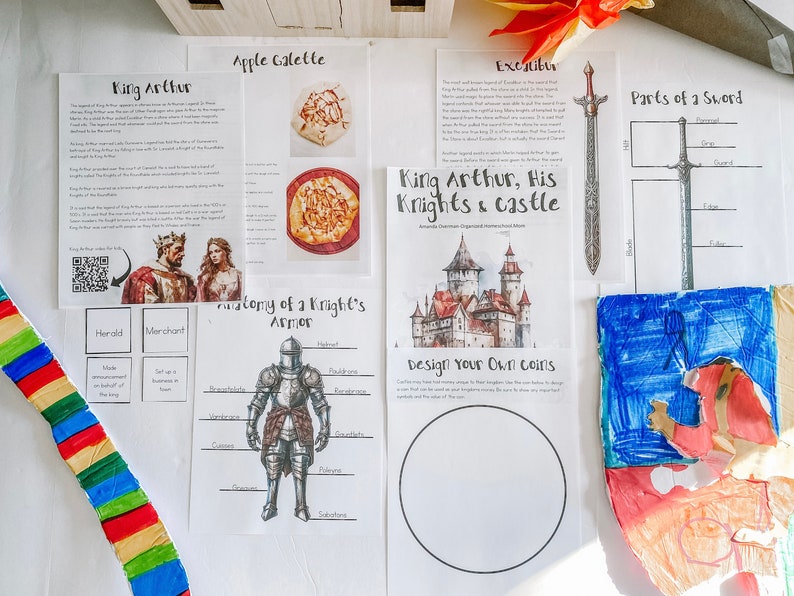 May include: A collection of printable educational materials about King Arthur, his knights, and medieval times. The materials include a map of a castle, a knight's armor diagram, a sword parts diagram, and a design your own coins activity.