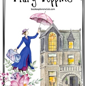 以下が含まれることがあります： 傘とスーツケースを持って飛んでいるメリー・ポppinsの水彩画です。彼女は青いドレスと帽子をかぶっています。彼女は、窓が灯っている茶色のレンガ造りの家に向かって飛んでいます。画像の上部には「Mary Poppins」と「bookexplorersclub.com」のテキストがあります。