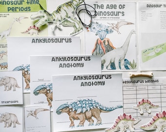 May include: A set of printable dinosaur educational materials, including a dinosaur time periods chart, an Ankylosaurus anatomy worksheet, a dinosaur weight chart, and a dinosaur anatomy worksheet. The worksheets feature watercolor illustrations of dinosaurs.