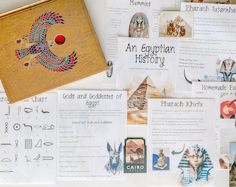Puede incluir: Una colección de imprimibles educativos sobre el antiguo Egipto, que incluye una tabla de jeroglíficos, una lista de dioses y diosas, una historia de los faraones e instrucciones para hacer papiro.
