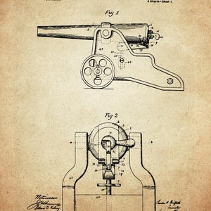 May include: Vintage blueprint of a breech-loading cannon, featuring detailed diagrams labeled "Fig 1" and "Fig 2." The patent illustration, dated August 20, 1901, showcases the cannon's design with wheels and mechanical components. The drawing is on aged paper.