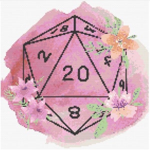 Floral D20 Cross Stitch PATTERN ONLY, Dungeons and Dragons, TTRPG, Cross Stitch, Handmade