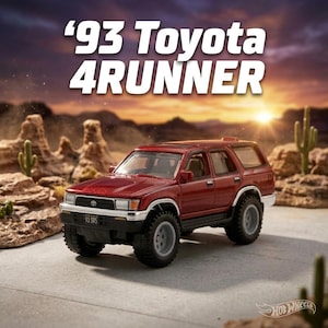 Könnte beinhalten: Ein metallisch rotes Druckguss-Spielzeugauto, ein 1993er Toyota 4Runner mit schwarzer Frontstoßstange, silbernen Zierleisten und grauen Rädern. Der Text '93 Toyota 4RUNNER' ist in großen weißen Buchstaben über dem Fahrzeug abgebildet.