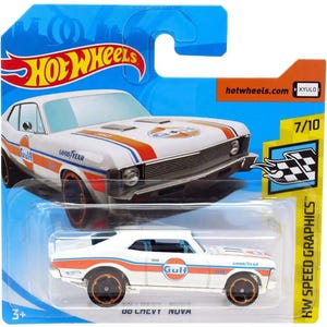May include: A Hot Wheels '68 Chevy Nova die-cast toy car in white with orange and blue Gulf racing stripes, Goodyear branding, and black wheels. The car is packaged in a blue and orange blister card featuring the Hot Wheels logo and text.