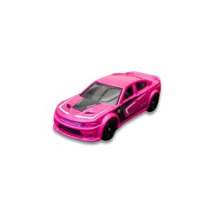 May include: A bright pink toy car featuring a black hood section with white SRT lettering, black side panels with white accents, and black wheels. The vehicle has a four-door sedan body style with a front grille, headlights, and a windshield.