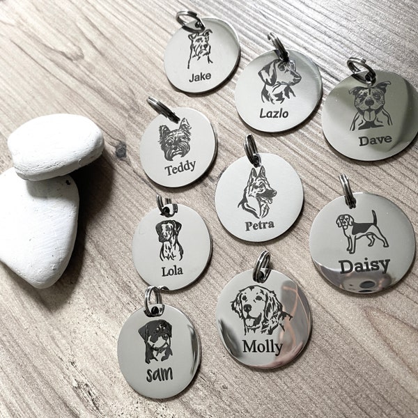 Personalised 30mm Engraved Dog Tag, Engraved with dog breed outline and your DOG Name, Custom Pet Tags, Stainless Steel Dog Tag