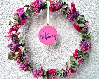 Flower Hoop  - Loop  - Trockenblumenkranz Statize Standflieder Eukalyptus lila pink