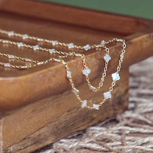 Peut inclure: Un collier à chaîne dorée délicat orné de petits motifs en forme de fleurs blanches à quatre pétales, régulièrement espacés. Les fins maillons métalliques relient chaque élément floral, formant un motif continu sur toute la longueur du bijou.
