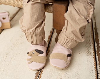 Zapatos de gateo para bebé, zapatillas de cuero para niños, zapatos de gateo para bebé, zapatillas de cuero para niño, perro rosa