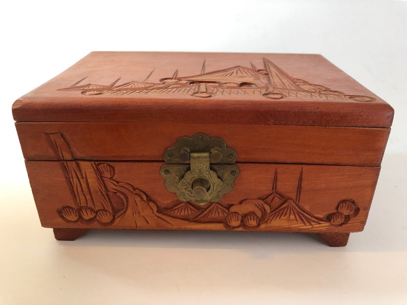 Jewelry Box Hand Carved Wood Brass Mirror Lined Taiwan ROC Etsy