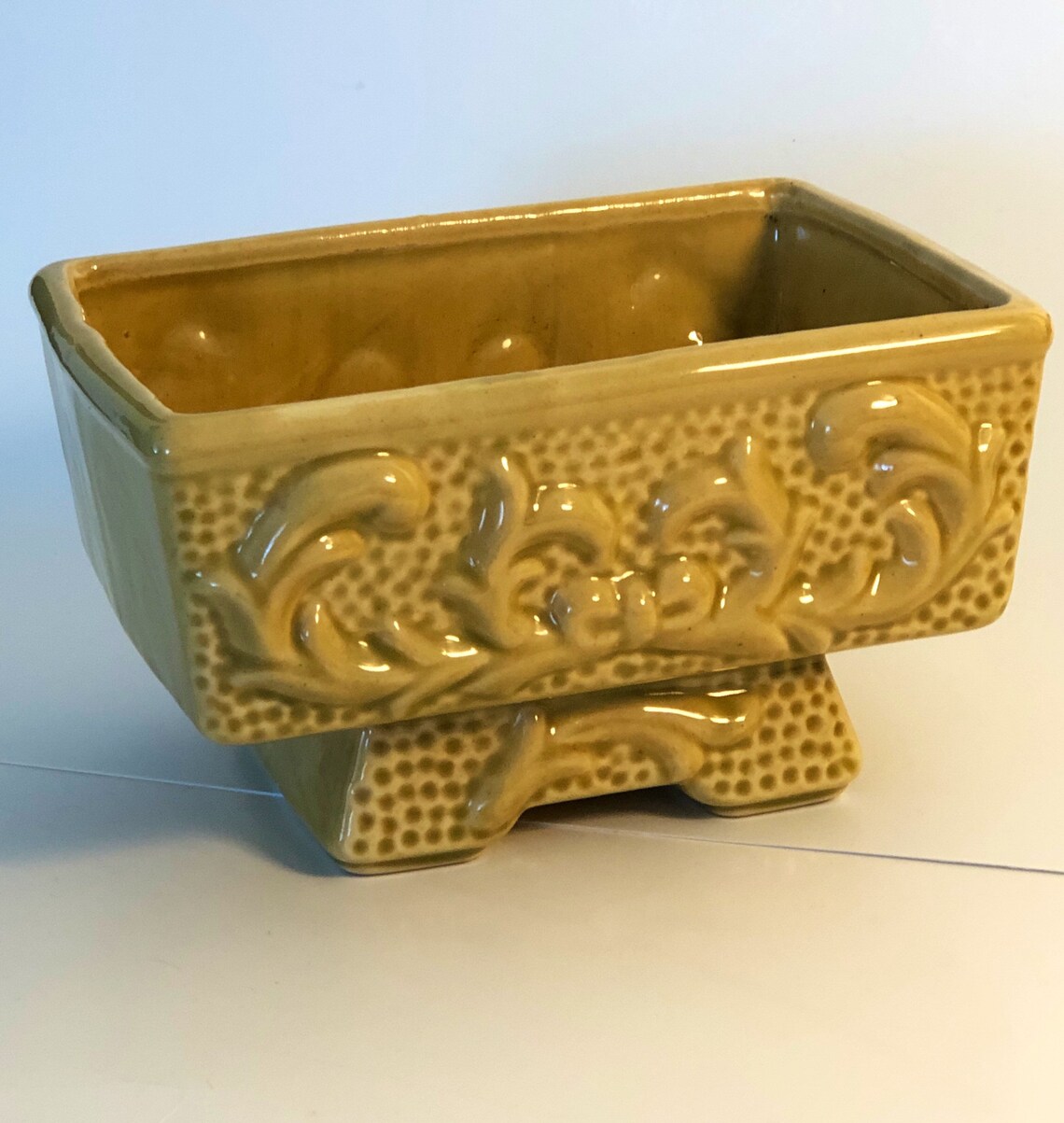 American Bisque Pottery Planter Scroll and Bow Yellow Vintage Etsy