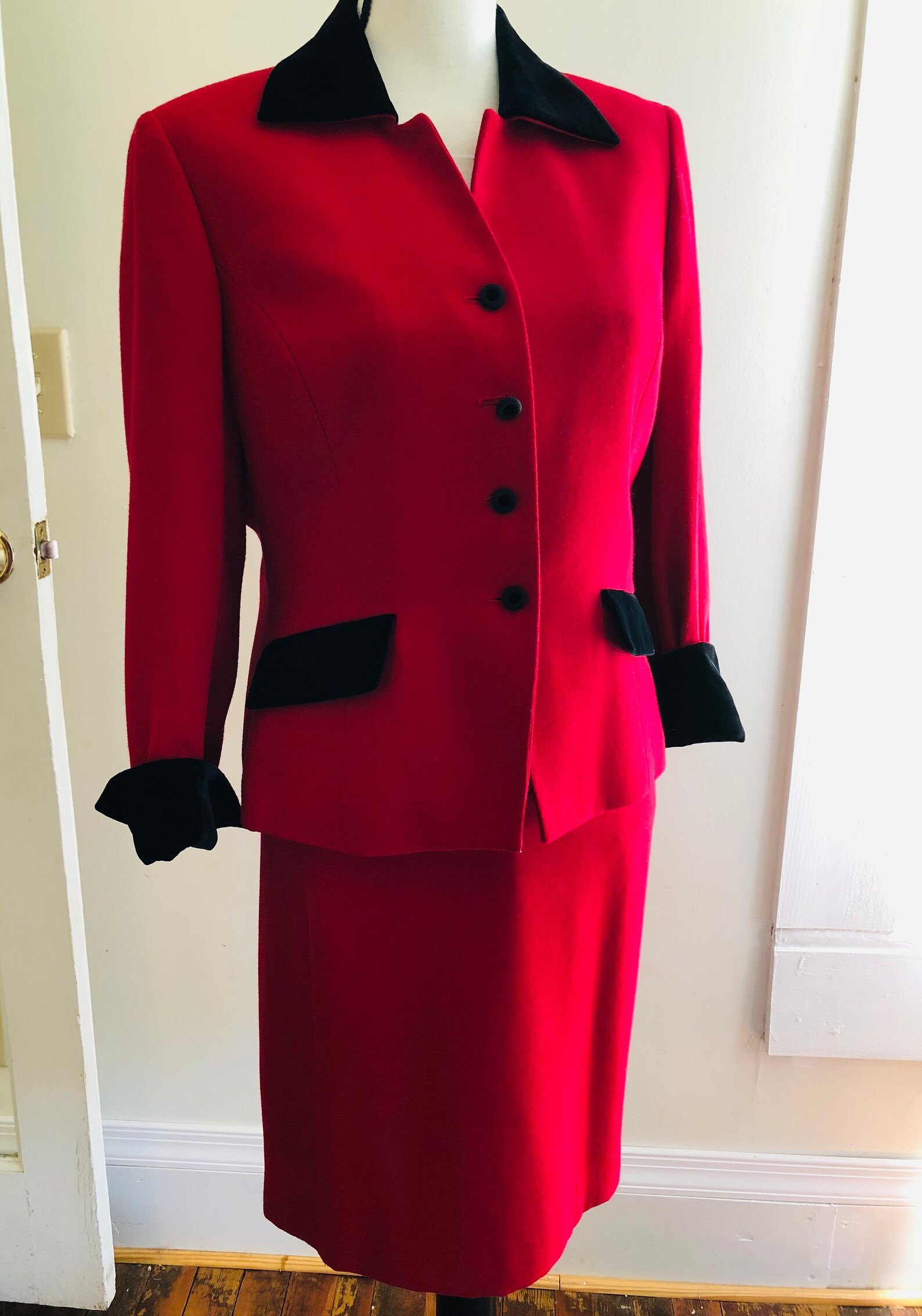 Vintage 80s RED Power Suit Kasper Black Velvet Trim sz 8P Etsy