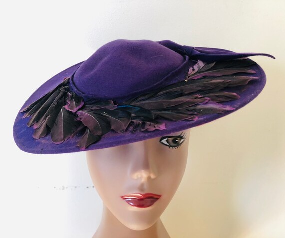 Vintage 40s Hat Wide Brim Tilt Purple Felt Feather