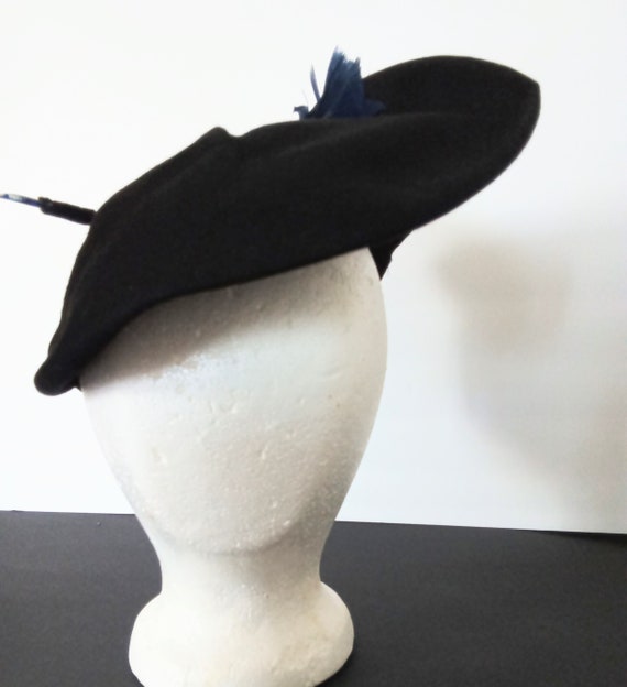 Fabulous 40s Tilt Hat Black Felt Blue Feathers