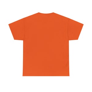 May include: Back view of a plain short-sleeved t-shirt. The t-shirt is a solid, bright orange color. The shirt is made of a soft, comfortable material and is perfect for everyday wear.  It's a versatile garment suitable for various occasions and styles. The simple design makes it easy to pair with other clothing items.