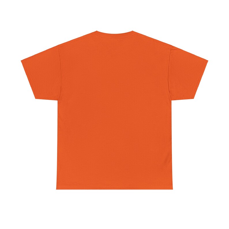May include: Back view of a plain short-sleeved t-shirt. The t-shirt is a solid, bright orange color. The shirt is made of a soft, comfortable material and is perfect for everyday wear.  It's a versatile garment suitable for various occasions and styles. The simple design makes it easy to pair with other clothing items.