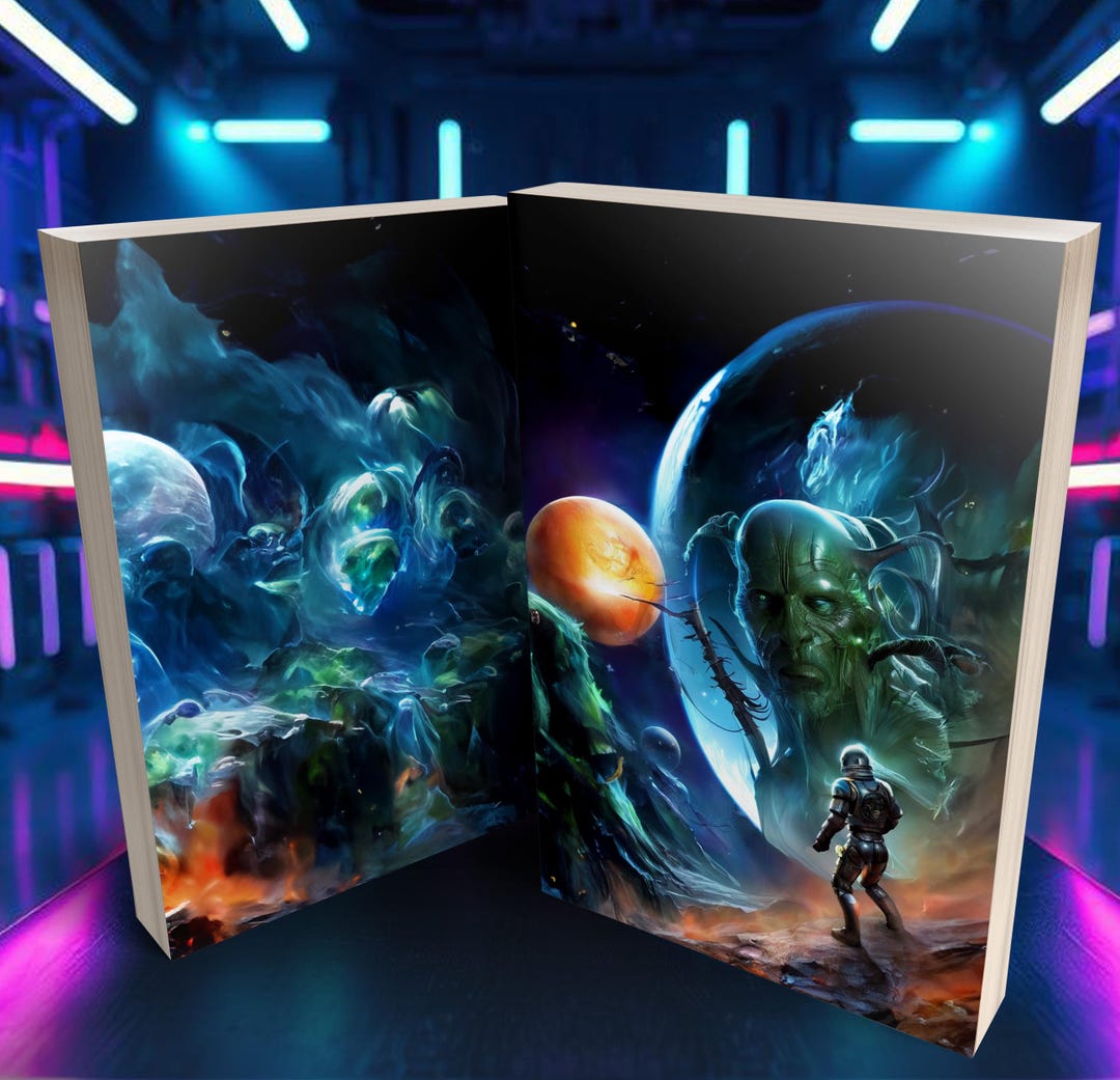Premade Sci-fi Book Cover – Green Alien Head Over Distant Moon ...