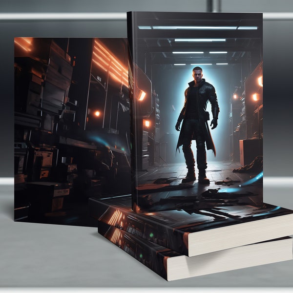 Custom Premade Science Fiction Action Book Cover Man in Black in Front of a Light Standing in Dark Room filled with Machinery