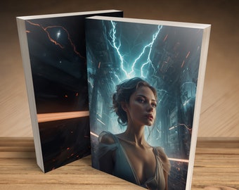 Custom Premade Science Fiction Book Cover Woman in Machinery Complex with Lightning Bolts