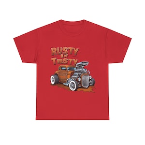 Rusty But Trusty- Toon Rusty Rat Rod Custom Coupe Large Chrome Engine T-Shirt
