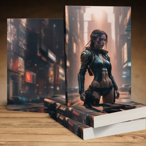 Custom Premade Science Fiction Book Cover Cyborg Enhanced Woman in Cyberpunk City an Dusk