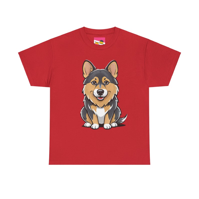 May include: Red t-shirt featuring a cartoon corgi. The corgi is predominantly black and tan, sitting and facing forward. The shirt is a classic crew neck style, short-sleeved, and made of a soft cotton material.  The design is centered on the shirt. This apparel item is perfect for dog lovers and fans of the corgi breed.