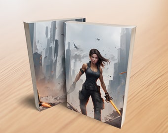 Custom Premade Action Book Cover Illustrated Woman Hero in City Debris