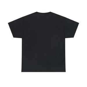 May include: Black short sleeve t-shirt. The t-shirt is shown from the back.  The garment is a simple, solid color tee with a crew neck. The fabric appears to be a medium weight cotton. The shirt is suitable for casual wear.