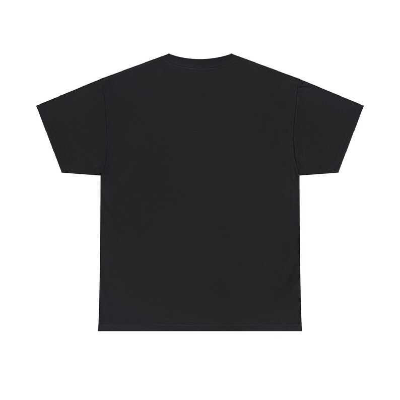 May include: Black short sleeve t-shirt. The t-shirt is shown from the back.  The garment is a simple, solid color tee with a crew neck. The fabric appears to be a medium weight cotton. The shirt is suitable for casual wear.