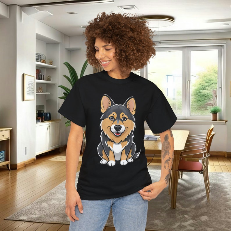 May include: Black t-shirt featuring a cartoon illustration of a corgi dog. The corgi is predominantly black and tan, sitting upright. The image is centered on the shirt. The shirt appears to be made of a soft, comfortable material, suitable for everyday wear.  The design is simple yet eye-catching, making it a great choice for dog lovers and fans of cute animal illustrations.