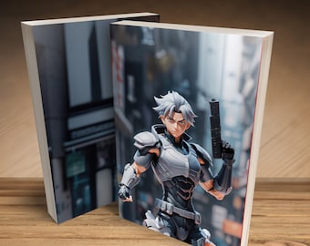 Custom Premade Science Fiction Action Book Cover Anime Manga Man in Powered Armor Suit Posing in City