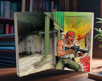 Custom Premade Action Book Cover Illustrated Toon Hero Wearing Red Bandana Shouting and Shooting