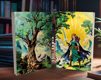 Custom Premade Fantasy Book Cover Illustrated Toon Woman in Green and Purple Cape Holding a Sword by Trees