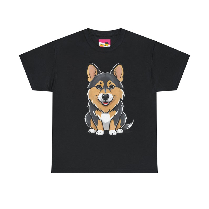 May include: Black t-shirt featuring a cartoon corgi. The corgi is predominantly black with tan accents on its face and legs. It's sitting and looking directly at the viewer. The shirt is a classic crew neck style. The image is simple and clean, focusing on the adorable corgi illustration.