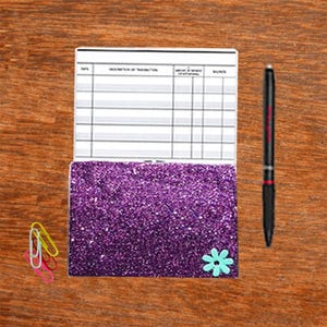 Minitarjetero RFID con foto para tarjeta de débito, color morado brillante con flor verde azulado
