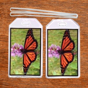 Monarch Butterfly | 2 Small Luggage Cruise Tags with Name Cards and Loops | Diaper Bag Tags | Kids Tags | Laptop Bag Tags